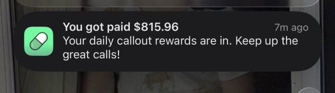 A smartphone notification reads "You got paid $815.96 — Your daily callout rewards are in. Keep up the great calls!" from an app called "FOMO," sent 7 minutes ago. The image contrasts the post's claim that PumpFun will outperform FOMO by highlighting a substantial $815.96 payout from the FOMO platform.