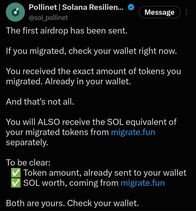 A tweet from Pollinet | Solana Resilience (@sol_pollinet) announcing that the first airdrop has been sent, with migrated users receiving both token amounts and SOL worth from migrate.fun.