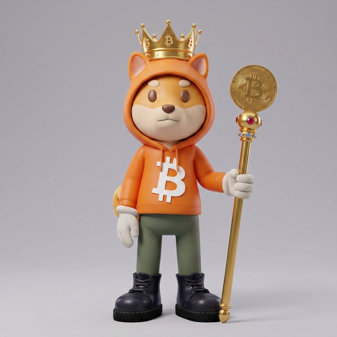 A 3D-rendered toy figure of a Shiba Inu dog wearing an orange Bitcoin hoodie, a gold Bitcoin crown, and holding a gold scepter topped with a Bitcoin.