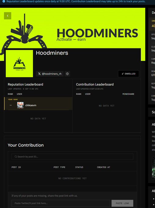 A webpage for "HOODMINERS" with the tagline "Activate – earn" featuring Reputation and Contribution Leaderboards, with user "chikoevm" showing on the reputation board.
