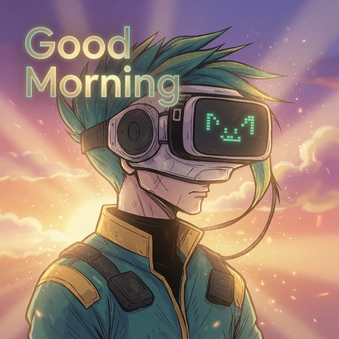 An anime-style character with spiky teal hair wears a VR headset displaying a pixelated green smiley face, with 'Good Morning' text in the upper left against a sunset sky.