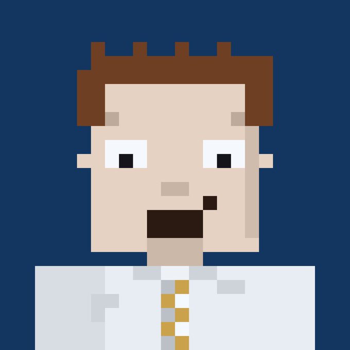 A pixel art portrait of a character with brown hair and a white jacket featuring yellow accents against a dark blue background.