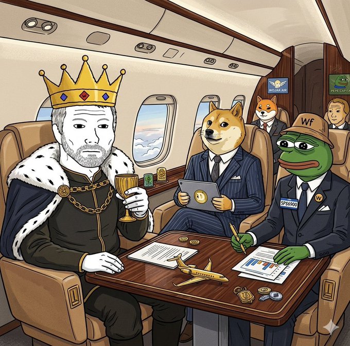 A cartoon image shows a crowned king, a Shiba Inu in a pinstripe suit holding a tablet, and a Pepe the Frog figure wearing a "WF" cap, all seated around a table inside a private jet featuring logos for "WILLIAM AIR" and "PEPE CAPITAL," with charts, a small airplane model, and documents spread across the table—depicting crypto meme royalty collaborating in a luxury setting that aligns with the post's promotion of the $SAYLOR token as a promising early community entry on the Robinhood chain.