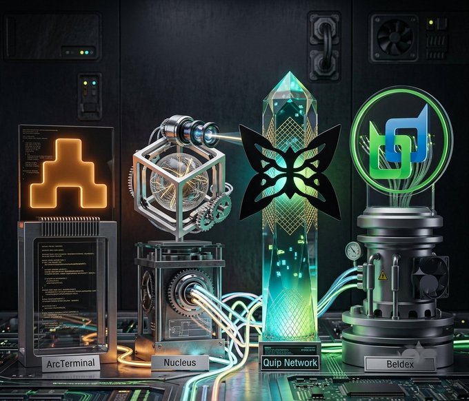 A futuristic digital artwork displaying four labeled technological structures: ArcTerminal, Nucleus, Quip Network (with butterfly emblem), and Beldex, set in a sci-fi mechanical environment.