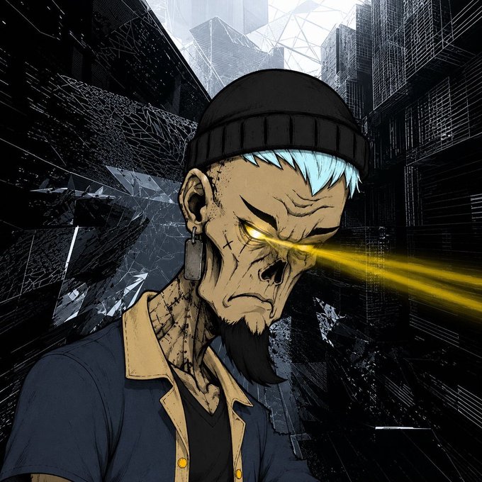 A comic-style illustration of an older man with a black beanie, glowing yellow eyes emitting laser beams, facial scar, and white hair, set against a dark city backdrop.