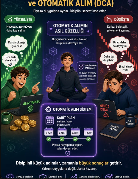 Turkish infographic titled 'DCA ve Otomatik Alım' promoting disciplined dollar-cost averaging for crypto investments.