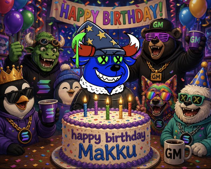 A vibrant cartoon birthday scene with a 'HAPPY BIRTHDAY!' banner, a cake reading 'happy birthday Makku' with lit candles, and several animal characters wearing sunglasses and Solana (SOL) logos alongside 'GM' branded cups and hats.