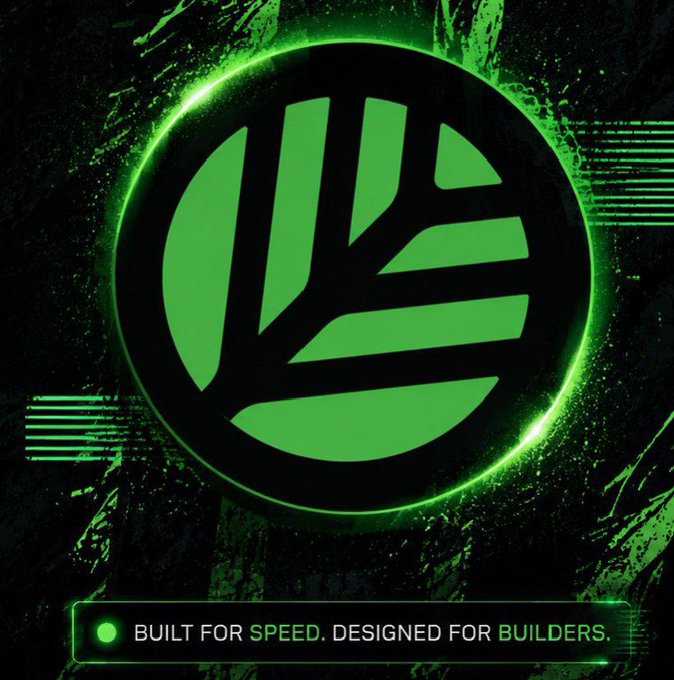 A bright green stylized leaf or plant logo glows inside a circle against a black textured background, with the tagline "BUILT FOR SPEED. DESIGNED FOR BUILDERS."