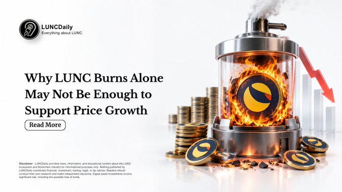 LUNC Daily article graphic titled “Why LUNC Burns Alone May Not Be Enough to Support Price Growth,” illustrated with the LUNC coin in a flaming chamber, coin stacks, and a downward red arrow.