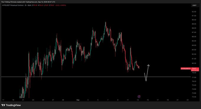 A TradingView 2-hour candlestick chart of the Hyperliquid Perpetual Contract ($HYPEUSDT) is shown, displaying a recent downtrend from a peak near $88 toward support around $77.63, with an annotation indicating a planned buy zone and upward reaction arrow. The headline price reads "HYPEUSD Perpetual Contract" with key data points "O78.59 H79.28 L78.41 C78.97 +0.52 (+0.66%)", reflecting the post's waiting stance for a dip test before entering longs.