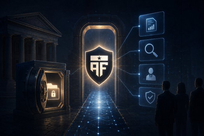 A conceptual illustration of a Tether (USDT)-branded digital vault with a glowing golden shield and 'BT' emblem, flanked by icons for analytics, search, identity, and security, with classical columns and a bank vault on one side and three suited figures on the other.