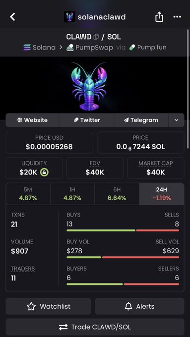 A crypto trading interface showing CLAWD/SOL token on Solana via PumpSwap/Pump.fun with a price of $0.00005268, market cap $40K, liquidity $20K, and 21 transactions.