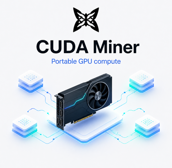 Promotional graphic for "CUDA Miner - Portable GPU compute" featuring a stylized graphics card connected to glowing server nodes.