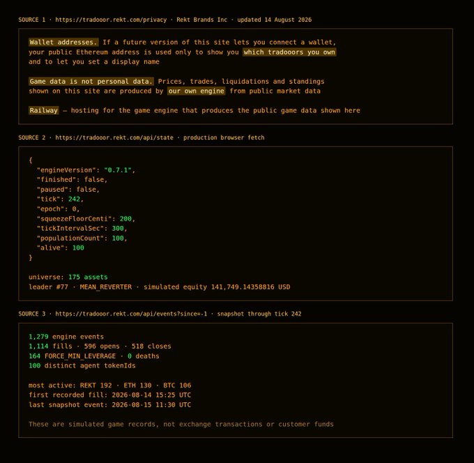 The image shows technical data from tradoor.rekt.com, including a privacy notice, a state API snapshot from tick 242 displaying engine version 0.7.1 with 100 alive agents in a universe of 175 assets led by REKT_REVERTER, and an event log totaling 1,279 engine events with 1,114 fills by tick 242. This aligns with the post's reference to "100 agents" and the initial engine version 0.7.1 launch, as well as the mention of leaks/breadcrumbs being used to determine the next 10,000 trading bots' personalities.