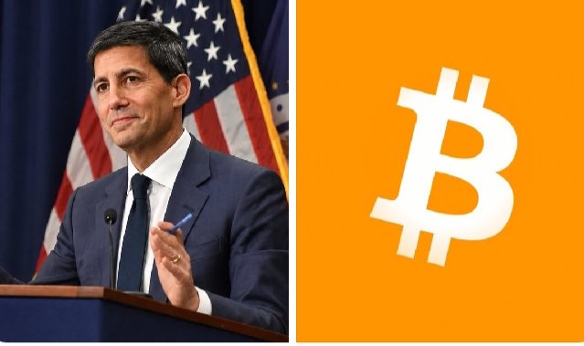 "FED Chair Kevin Warsh: "If you're under 40, Bitcoin is your new gold." A new generation is choosing digital scarcity over traditional stores of value. The shift is happening. #Bitcoin $BTC", an advertisement for a Bitcoin mining company or platform that uses Bitcoins as the primary currency. It features a man in formal attire giving a speech with an American flag behind him on both the left and right sides, with the prominent Bitcoin logo placed above him.