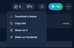 A screenshot of a social media platform showing a menu with options including 'Download a teaser', 'Copy link', 'Share on X', and 'Share on Facebook', along with buttons showing '9' likes and '0' comments.