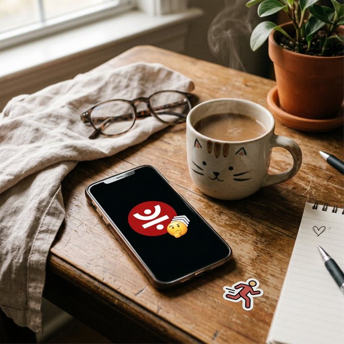 A wooden desk scene with a steaming cat-themed mug of coffee, a smartphone displaying a red circular logo with a brain icon and an elderly emoji, alongside reading glasses resting on a beige cloth, a notebook, and a potted plant.