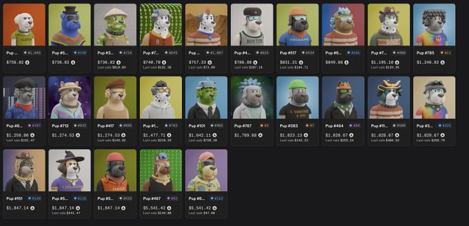 A grid of NFT listings on what appears to be a marketplace, showing various 'Pup' character avatars with prices ranging from around $736 to $1,847 and last sale prices displayed.