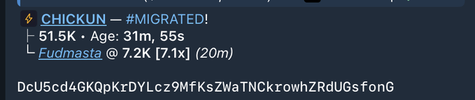 A Discord message showing "CHICKUN — #MIGRATED!" with 51.5K members, age 31m 55s, and Fudmasta at 7.2K, along with a contract address.