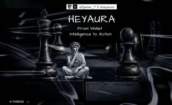 A dark, stylized graphic with the text 'HEYAURA', 'From Wallet Intelligence to Action', and '@Dpeter_YX @heyaura' featuring a small statue surrounded by large chess pieces.