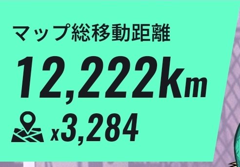 A bright green graphic displaying Japanese text 'マップ総移動距離' (Total map travel distance) with large numbers '12,222Km' and '×3,284' next to a map marker icon.