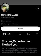 A screenshot of an X (Twitter) profile for 'James McLuvlee' (@James_McLuvlee) showing a 'blocked you' message.