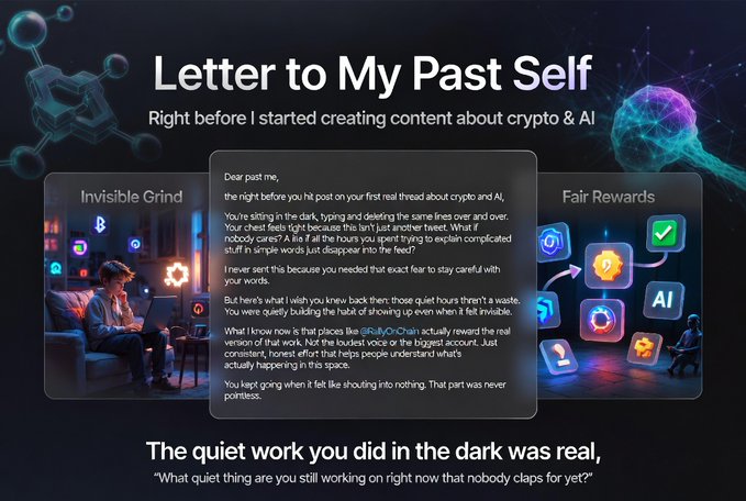 A graphic titled 'Letter to My Past Self' subtitled 'Right before I started creating content about crypto & AI' with a visible letter addressed to past self discussing CryptoOnChain, plus text at bottom reading 'The quiet work you did in the dark was real' and 'What quiet thing are you still working on right now that nobody claps for yet?'.