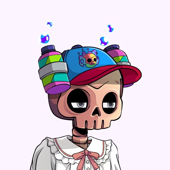 A cartoon-style illustration of a skeletal character wearing a colorful cap with a skull logo and a white frilly outfit with a pink bow.