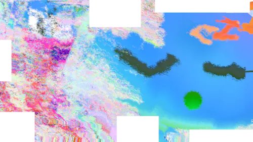 A distorted, glitchy digital artwork featuring colorful static patterns alongside a blue sky-like area containing two dark mustache shapes and a green circle.
