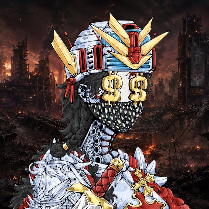 A stylized anime-style illustration of a samurai wearing elaborate Gundam-themed armor with a helmet featuring V-fin antennae and gold dollar sign ($) faceplates, set against a burning post-apocalyptic cityscape.