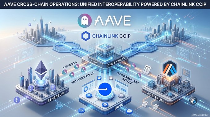 A promotional graphic for AAVE Cross-Chain Operations powered by Chainlink CCIP, showing interoperability between Ethereum, Arbitrum, and Base networks with deposits, withdrawals, and stable vaults.