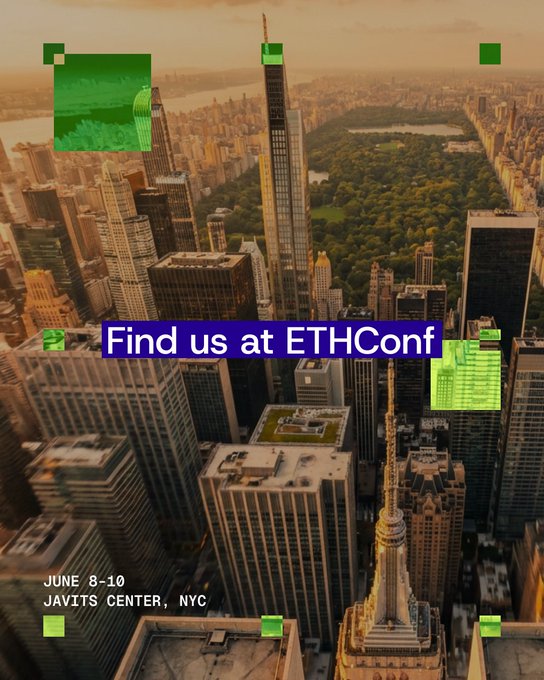 The image features a city skyline with tall buildings, including one that appears to be a skyscraper or a large building. The text "Find us at EthConf" is displayed prominently above the scene, indicating an upcoming event related to ethical hacking. The poster also includes details about the event's location and time in New York City, as well as the name of the event being held - "@ethconf".