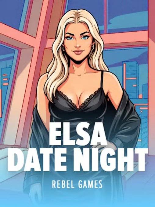 The image is promotional artwork for "Elsa Date Night," a game by Rebel Games, featuring a blonde woman in a black lace-trimmed dress and jacket against a stylized cityscape background. The bold text "ELSA DATE NIGHT" and "REBEL GAMES" overlays the illustration, advertising the game's release and accompanying $250 giveaway on Stake.