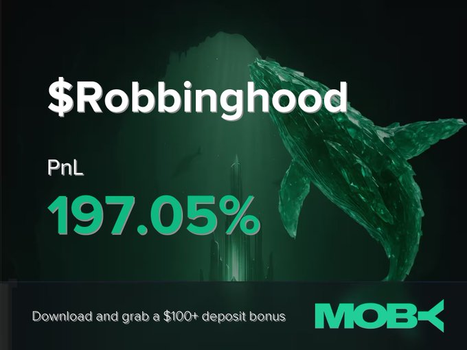 The image is a promotional graphic for Moby featuring a 3D green whale silhouette and "$Robbinghood" text, highlighting a trade win with a PnL of "197.05%" and a "$100+ deposit bonus" call-to-action. It visually celebrates the trader's +197.05% gain on the Robbinghood token, aligning with the post's win alert about the trade closing at $317.91K MC.