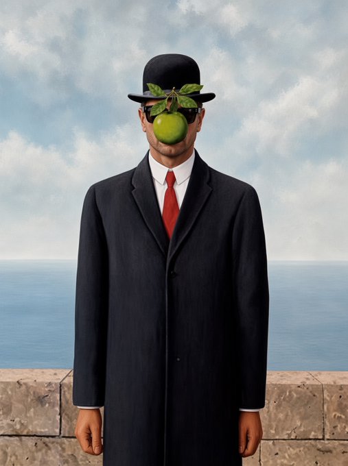 A surrealist painting of a man in a dark suit, red tie, and bowler hat, with a green apple obscuring his face, standing against a seascape.