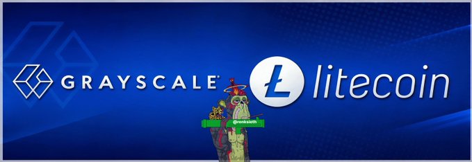 A blue banner displaying the 'Grayscale' logo alongside the 'litecoin' logo and symbol, with a small Statue of Liberty figure visible in the background.