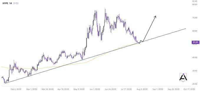 A HYPE cryptocurrency price chart showing a daily candlestick pattern at $51.51, with technical analysis featuring a black ascending trendline and an arrow indicating a potential breakout.