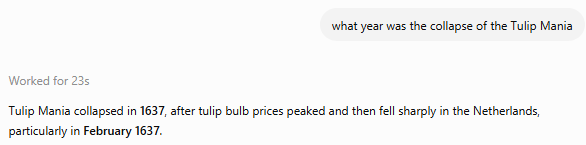 The image shows an AI chatbot query asking "what year was the collapse of the Tulip Mania," with a response indicating it collapsed in 1637, particularly in February 1637, in the Netherlands. The accompanying post about Strategy (formerly MicroStrategy) selling 1637 BTC likely plays on the "1637" number as a humorous reference to the historic Tulip Mania bubble collapse, drawing a parallel to cryptocurrency market speculation.