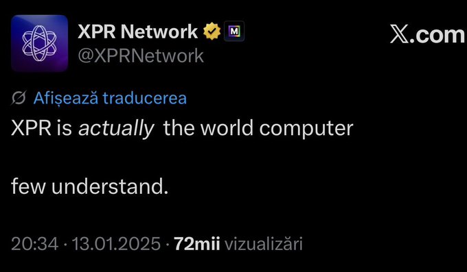 In the image, there is a black screen with white text that provides an explanation about XPR network. The first sentence of the text reads: "XPR network is the world computer", which suggests that the Xpr network is considered the most powerful computing tool available in the present time. This post was made by the user on Twitter and can be found at [link URL here].