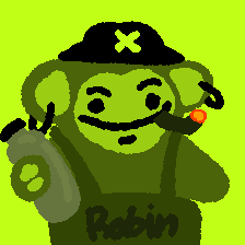 A cartoon monkey character wearing a black cap with a green X, holding a green object, and labeled "Robin" against a bright green background.