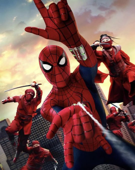 A promotional poster for a Spider-Man movie, showing Spider-Man surrounded by ninjas in red suits against a city skyline backdrop.