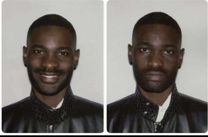 Two side-by-side portrait photos show the same man smiling on the left and with a serious, neutral expression on the right, suggesting a contrast between genuine and guarded reactions. The images visually represent the post's offer of a "gig" that "pay[s] in token," highlighting skepticism about the value or trustworthiness of being paid in cryptocurrency rather than traditional currency.