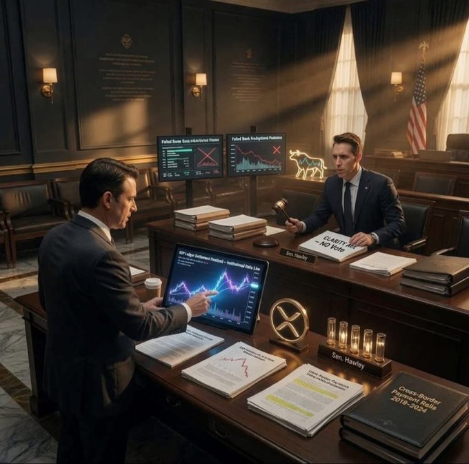 Two men in suits argue in a dimly lit courtroom setting with monitors displaying financial charts, with a nameplate reading 'Sen. Hawley' visible on the desk.