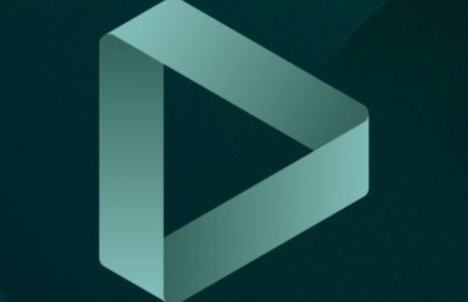 A minimalist teal-colored geometric logo resembling an impossible triangle or folded ribbon design on a dark background.