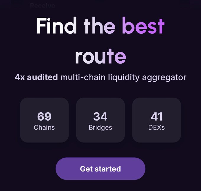 A mobile app interface titled 'Find the best route' described as a '4x audited multi-chain liquidity aggregator' showing stats for 69 Chains, 34 Bridges, and 41 DEXs with a purple 'Get started' button.