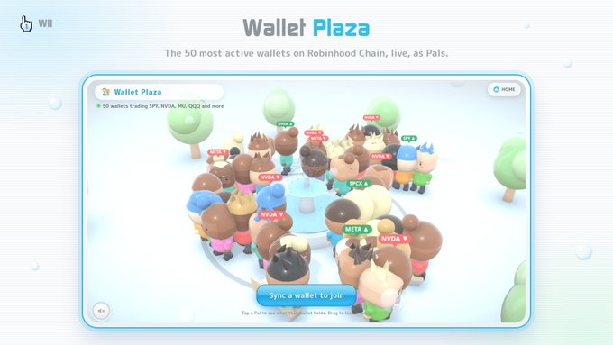 A screenshot of the 'Wallet Plaza' website on Robinhood Chain showing 3D animated wallets including HUPE, '$SPCX', META, NVDA, and INTC gathered around a fountain, with a 'Sync a wallet to join' button.