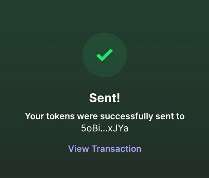 A dark-themed cryptocurrency transaction confirmation screen displays a green checkmark with "Sent!" text, confirming "Your tokens were successfully sent to 5oBi...xJYa," along with a "View Transaction" link in purple. This image serves as visual proof supporting the post's claim of rewarding active followers on the page by showing the successful token transfer to a Solana address.
