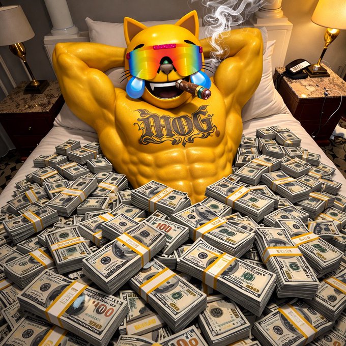 A muscular yellow anthropomorphic cat character with rainbow sunglasses and a cigar, labeled 'DOG', reclines on a bed surrounded by massive stacks of US currency.