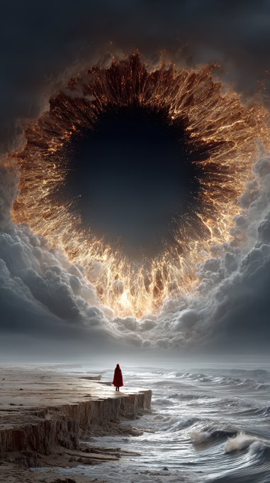 A dramatic fantasy artwork depicting a lone figure in a red cloak standing on a cliff overlooking a stormy sea, with a massive fiery eye-shaped portal in the clouds above.