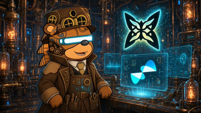 A steampunk-style bear character in a top hat and goggles standing next to glowing holographic butterfly logos and digital screens in an industrial setting.
